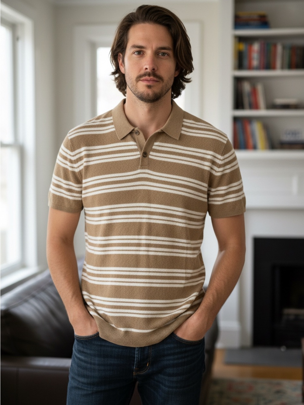 Old Navy Tan and White Striped Short-Sleeve Polo